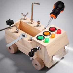 Montessori Car Screwdriver Board Set Car LED Busy Board Light Switch Montessori Toy for Toddlers, Wooden Busy truck Kids Tools Set, Fine Motor Skills Activities Sensory Educational Toys for Kids