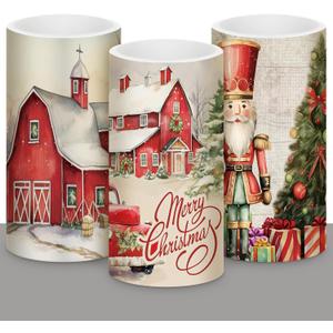 Retisee 3 Pcs Retro Rustic Christmas Flameless Candles with Remote Vintage Christmas Battery Operated LED Candle Retro Nostalgic Xmas Decor for Rustic Xmas Holiday Dining Table Bedroom Living Room