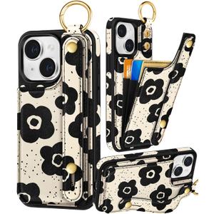 Petitian for iPhone 15 Plus Case with Wallet - Women Girls Cute Girly Aesthetic Unique Design with Leather Credit Card Holder Cardholder Stand Wristband for Apple 15 Plus, Black Flower