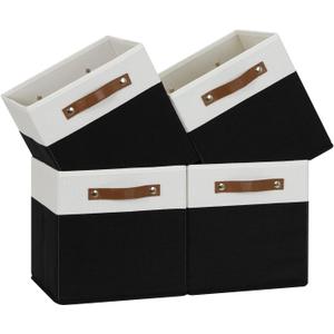 Temary 11 inch Cube Storage Bin 4 Pack Fabric Storage Cubes for Home, Fabric Storage Bin Storage Cube Bins with Leather Handles(White&Black)