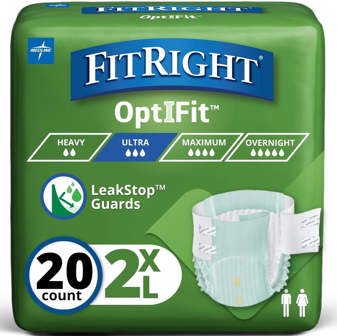 FitRight OptiFit Ultra Adult Diapers, Disposable Incontinence Briefs, Leak-Proof Diaper, Absorbent Briefs For Men and Women, Maximum Protection, 2XL, 60  70 in, 20 briefs per bag