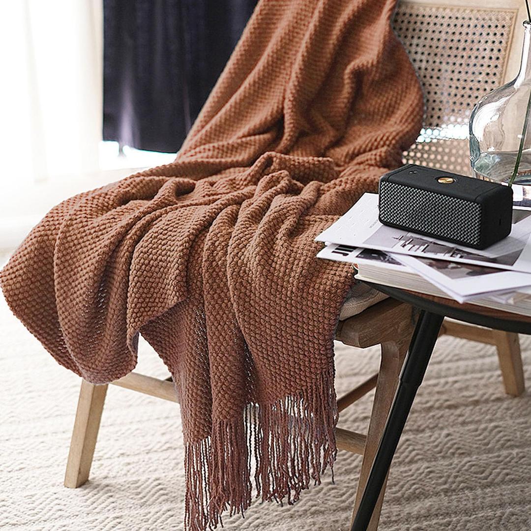 LOMAO Knitted Throw Blanket with Tassels Bubble Textured Lightweight Throws for Couch Cover Home Decor (Caramel, 60x90)