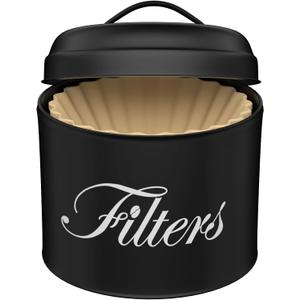 Black Basket Coffee Filter Holder With Lid - Round Container for Counter Storage - Rustic Farmhouse Bar Accessories Decor