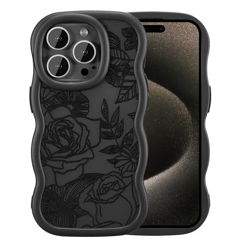 XIZYO for iPhone 15 Pro Max Case, Cute Wavy Floral Flower Rose Aesthetic, Curly Wave Frame Women Girls Matte TPU Bumper Shockproof Case, Matte Black