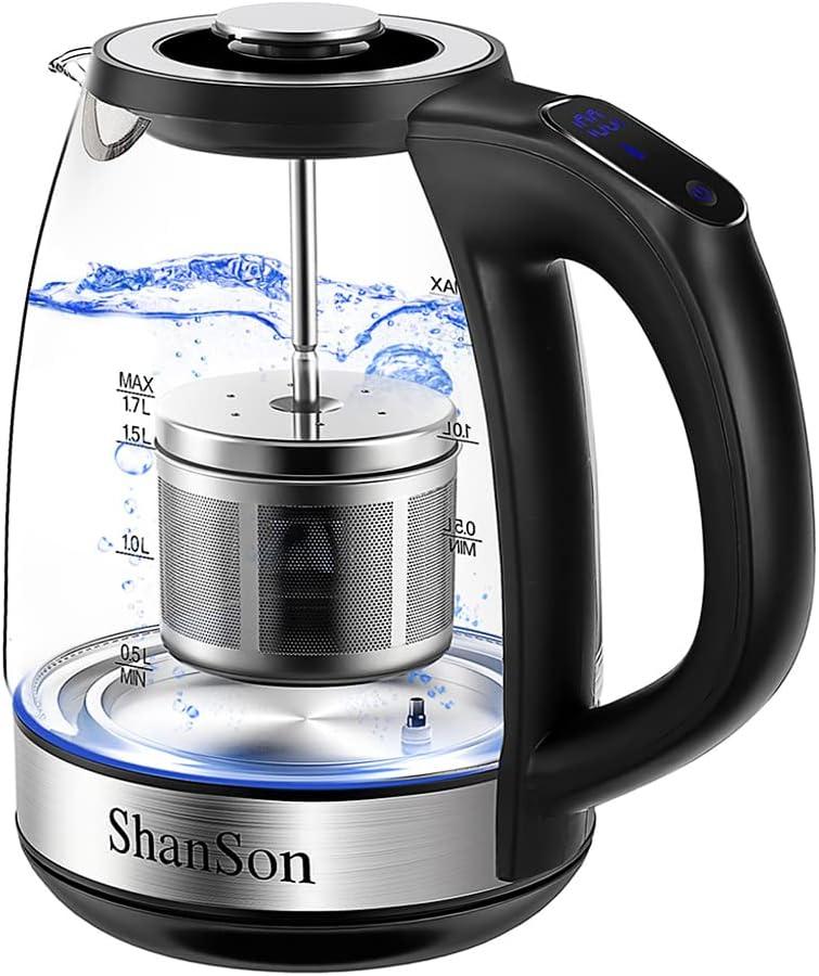 ShanSon Electric Kettle with Tea Infuser 1.7L Temperature Control Glass Electric Tea Kettle 1500W Fast Heating Water Boiler BPA Free Electric Teapot with 7 Presets Auto-Off & Boil-Dry Protection (Clear)