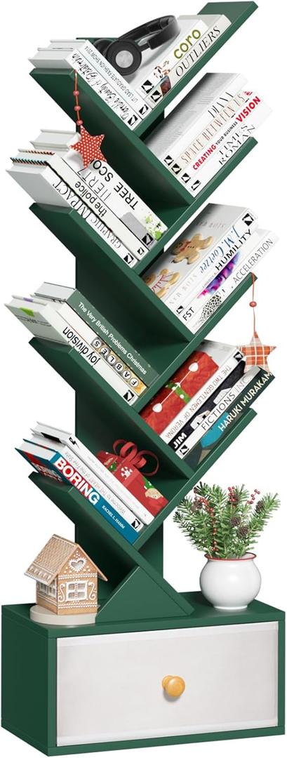 8 Tier Tree Bookshelf with Drawer, Free Standing Wood Green Bookcase for Narrow Space, Storage Organizer Bookshelves for Books, Book Case for Home Office, Living Room, Bedroom