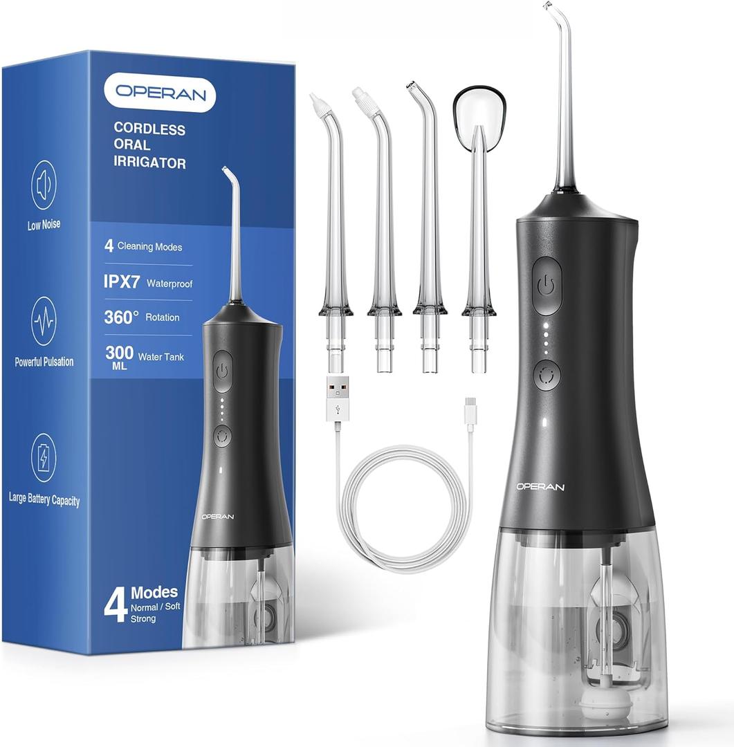 Operan Portable Water Flossers for Teeth, 300ml Water Dental Flossers for Adults, Kids, Braces Care, 4 Modes Water Picks for Teeth Cleaning and Flossing, Oral Irrigator Kit with 4 Tips, Black + 1Pack