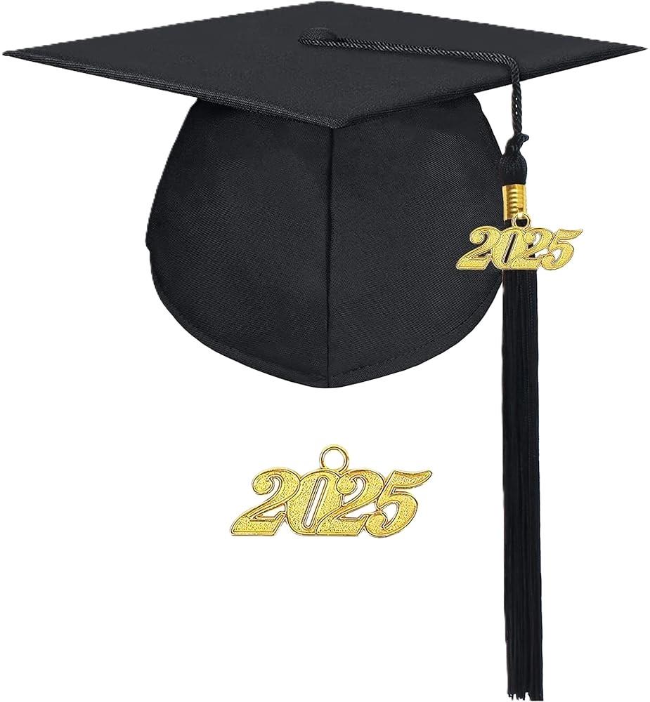 FtyFty Unisex Adult Matte Graduation Cap with Tassel Year Charm (One Size, Black), Pack of 2