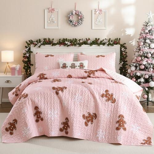 FROZZUR Christmas Quilt Set King Size - Pink Gingerbread Bedding, Lightweight Soft Breathable Winter Quilt Coverlet - Cozy Holiday Bedspread for Family Bedroom, Decoration