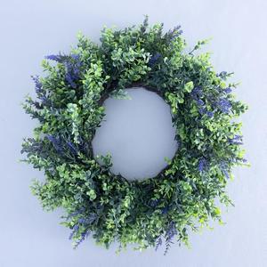 Seasons 22 inch Boxwood Wreath for Front Door, Artificial Spring & Summer Wreath with Greenery Leaf for Farmhouse, Wall, Window or Wedding Home Decor (Lavender)