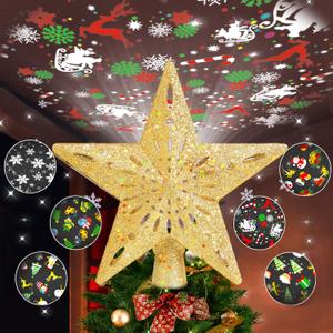 Christmas Tree Topper Lighted with 6 Pattern Projection Modes, Christmas Star Tree Topper Built-in LED Rotating Lights, Gold 3D Glitter Dynamic Projector for Christmas Decorations