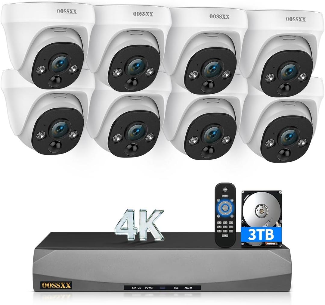 4K Wired Dome PoE IP Cameras for Home Security Outdoor, Installed 3TB HDD Surveillance Video Indoor,130° Wide Angle, 2-Way Audio, AI Human/PIR Detection, 8Cams-3TB HDD