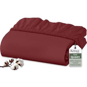 Royale Linens 100% Organic Cotton Fitted Sheet - Percale Weave - Super Soft Deep Pocket Bottom Sheets - Elastic Sheet Queen Size - Queen Fitted Sheets Only - (60"x80"+15", Red)