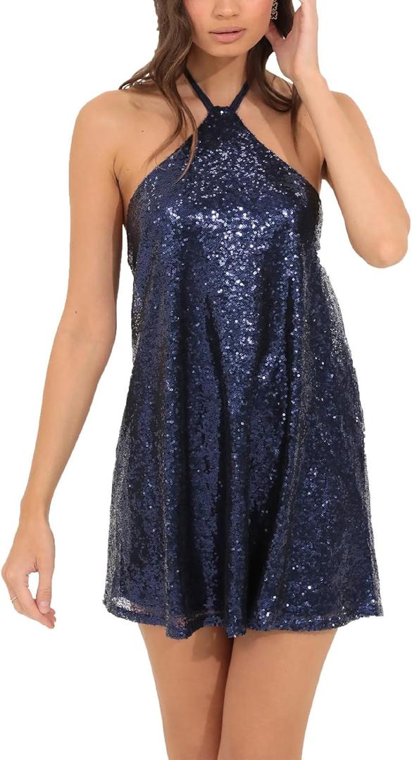 hibshaby Women's Glitter Sequin Dress Halter Neck Party Cocktail Sparkly Mini Dress Clubwear (Blue)