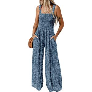 Dokotoo Women's Casual Loose Overalls Jumpsuits One Piece Sleeveless Printed Wide Leg Long Pant Rompers With Pockets (Large, Blue)