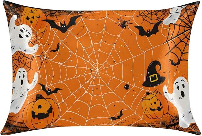 Satin Pillowcase for Hair and Skin, Ghost Spider Web Silk Pillow Case Queen Size Silky Pillowcases with Zipper Cooling Pillow Cover (20x30 Inches)