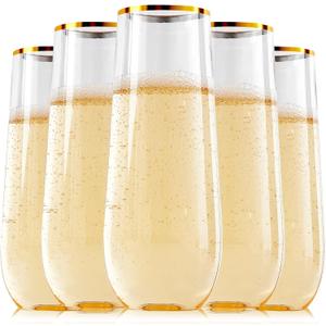 FOCUSLINE 24 Pack 9 Oz Plastic Stemless Gold Rim Champagne Flutes, Heavy Duty, Shatterproof, Disposable & Reusable Crystal Clear Toasting Glasses