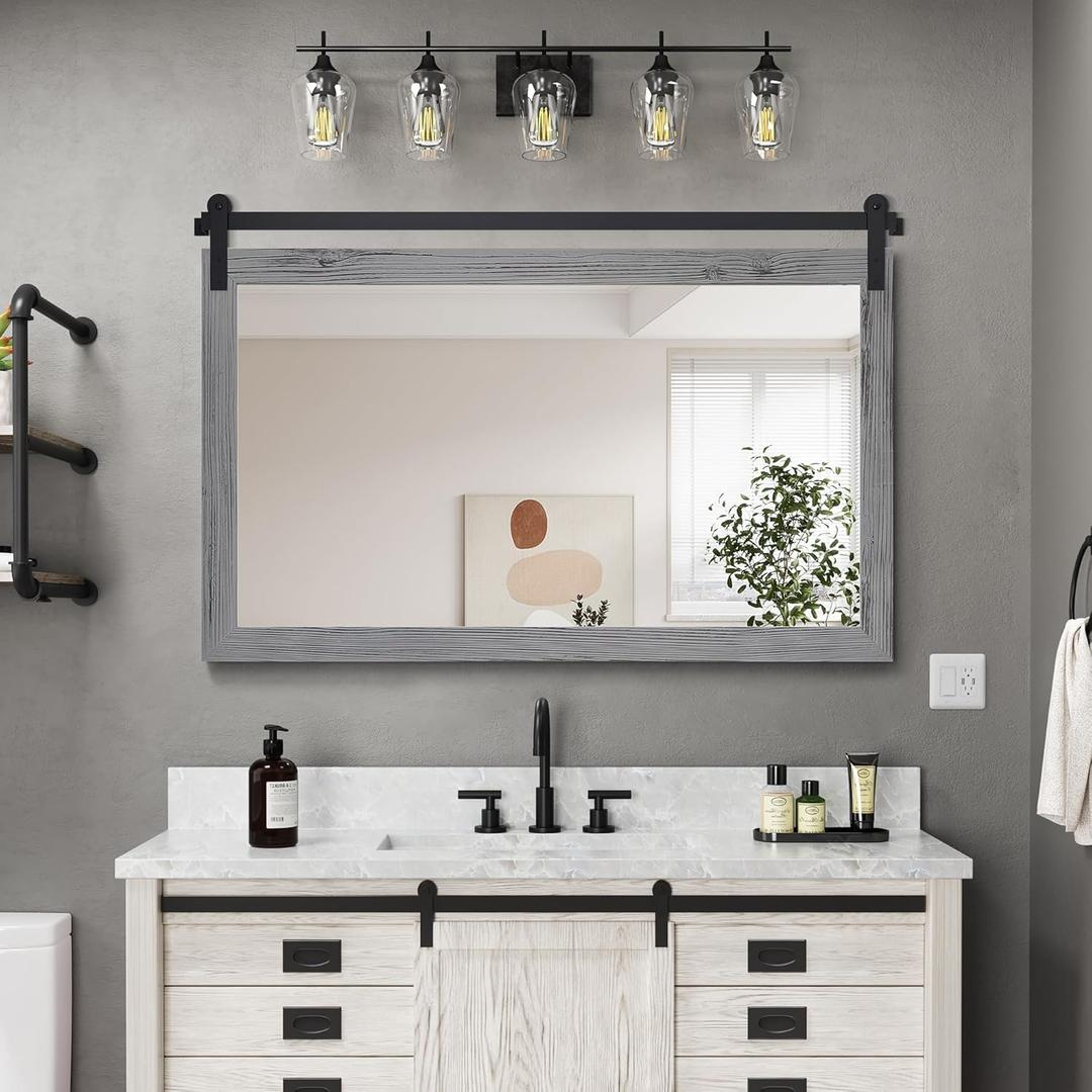 COGOOD Farmhouse Bathroom Mirror - 45 x 30 Rustic Wood Framed Wall Barn Door Mirror for Entryway, Living Room, Entryway Wall Decor (Grey)