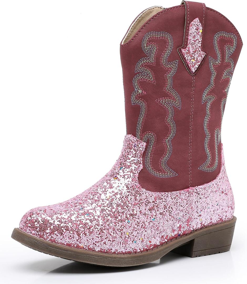 Blikcon Kids Cowboy Boots Girls Mid Calf Western Cowgirl Boots Side Zipper (Toddler/Little Kid/Big Kid) (Pink)