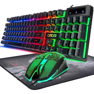 Keyboard and Mouse Gaming LED Wired Combo with Emitting Character Keyboard 4800DPI 2 Side Button USB Mouse Rainbow Backlit Mechanical Feeling Compatible with PC Raspberry Pi Mac Xbox one ps4 (910b)
