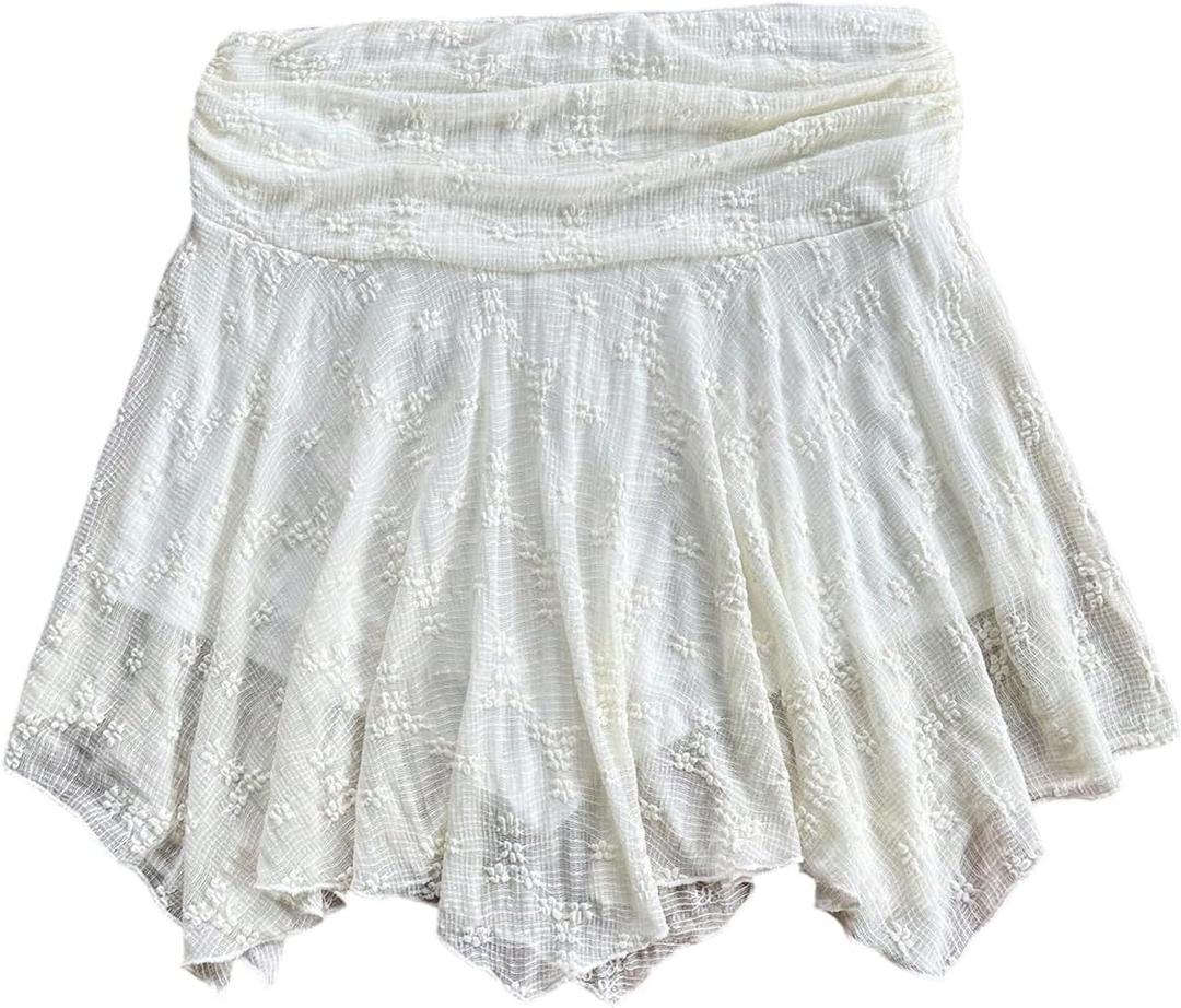 Floerns Women's High Waisted Asymmetrical Ruffle Skirts Ruched Flowy Mini Skirts (White, L)