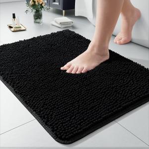LOCHAS Luxury Bathroom Rug Shaggy Bath Mat 24 x 17 Inch, Washable Non Slip Bath Rugs for Bathroom Shower, Soft Plush Chenille Absorbent Carpets Mats, Black
