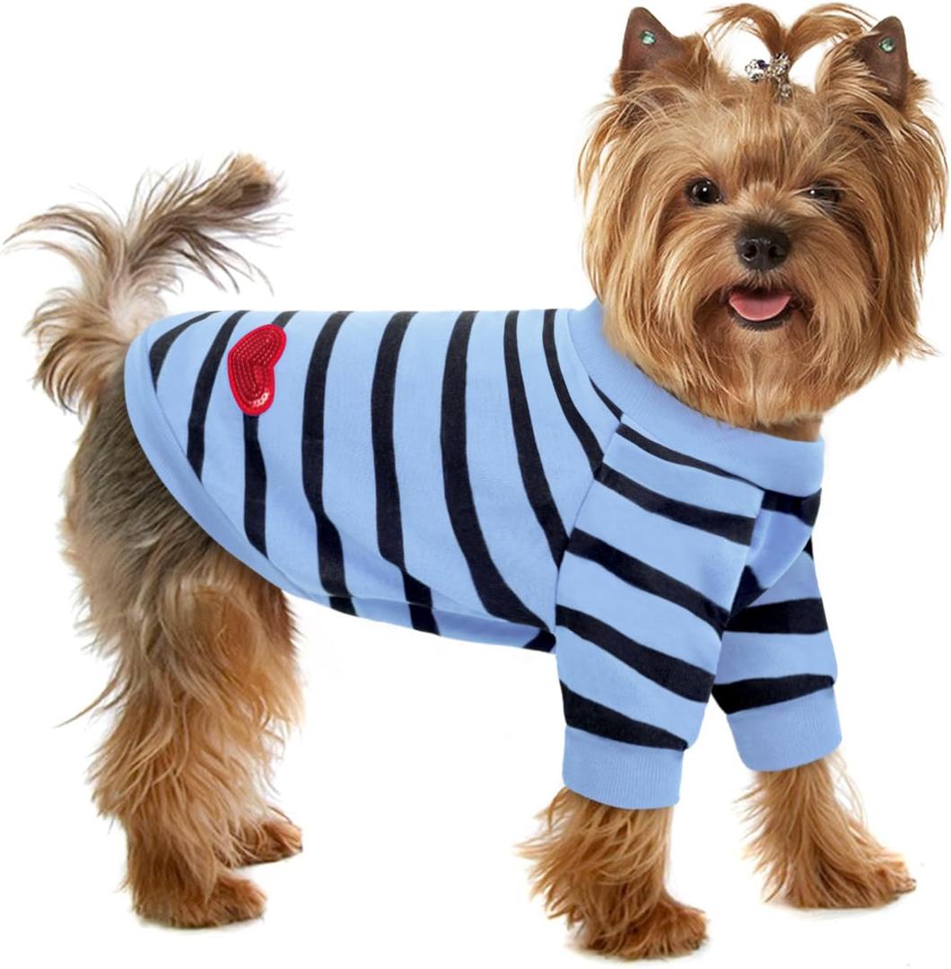 Pet Dog Striped T-Shirt Dogs Cats Cotton Vest Spring Summer Pet Apparel Tee Shirt Suitable for X-Small Pets French Bulldog Bichon (Blue)