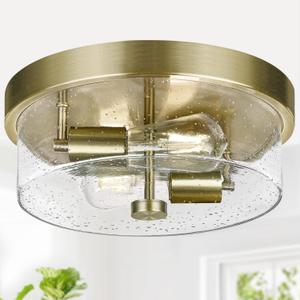 Flush Mount Ceiling Light Fixtures, 2-Light Brass Ceiling Mount for Farmhouse with Seeded Glass Lampshade, Industrial Hall Flush Mount Light Fixture for Hallway, Kitchen, Entryway, Bedroom and Foyer