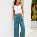 GRAPENT Capri Pants for Women High Waisted Wide Leg Linen Palazzo Trousers Pull On Elastic Smock Waist Loose Flowy Pants (Blue, L)