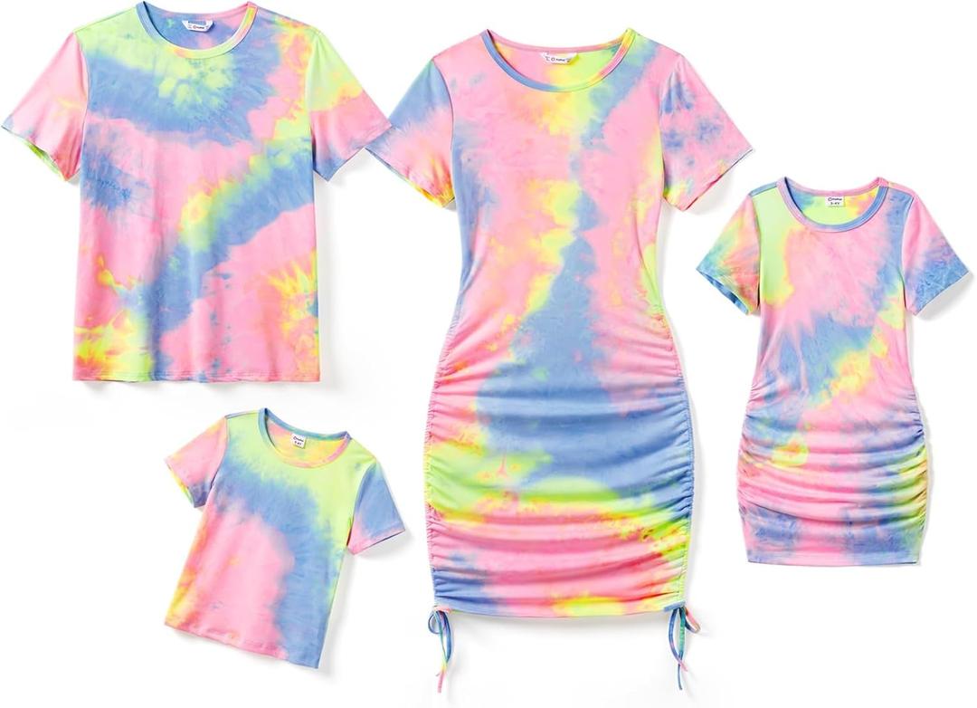 PATPAT Family Matching Outfits T-Shirt Matching Hawaiian Outfits for Family Colorful Tie Dye Boys Toddler Tropical Hawaiian Shirt Dad Son Matching Shirts Hawaiian Outfits for Boys 6-7 Years