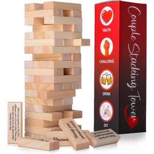 VKX 54 pcs Wooden Tumbling Tower Drinking Game, Block Stacking Game for Couples, Adult Date Night Blocks Best Gift for Couples- Ages 21+