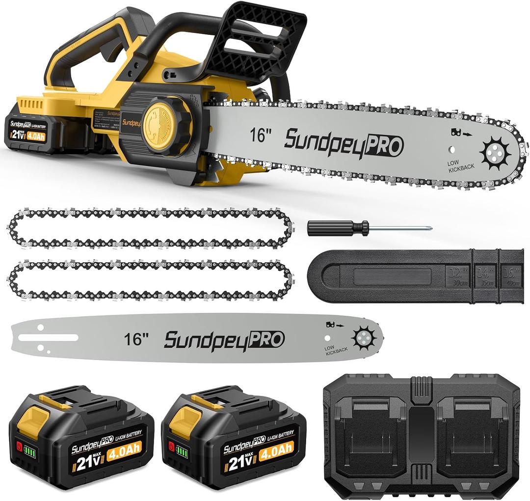 42V 16-Inch Cordless Chainsaw - Brushless Electric Chainsaw with 2 x 4.0Ah Batteries & Fast Charger & Safety Chain Brake & Tool-Free Tensioner for Tree Trimming & Wood Cutting & Yard Work