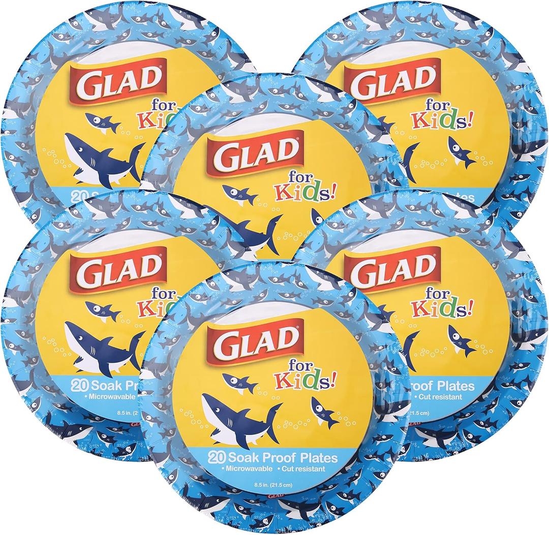 Glad for Kids Shark Dinnerware, 120 Count - 6 Pack | Round Paper Plates With Cute Sharks for Kids | Heavy Duty Disposable Soak Proof Microwavable Plates for All Occasions, 8.5 Inch (Blue)