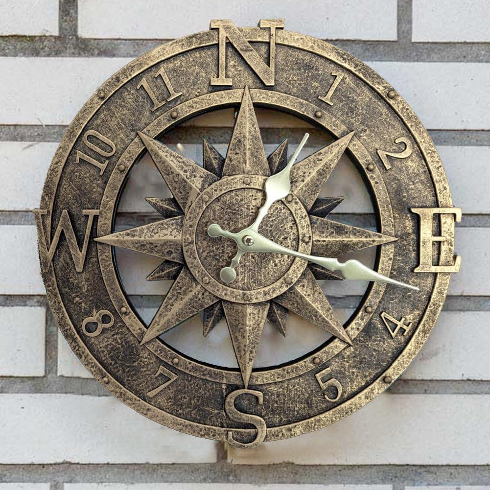 Outdoor Wall Clock 12in Garden Clock Waterproof Clocks Roman Retro Kitchen Home Clock -Not Silent (Bronze)