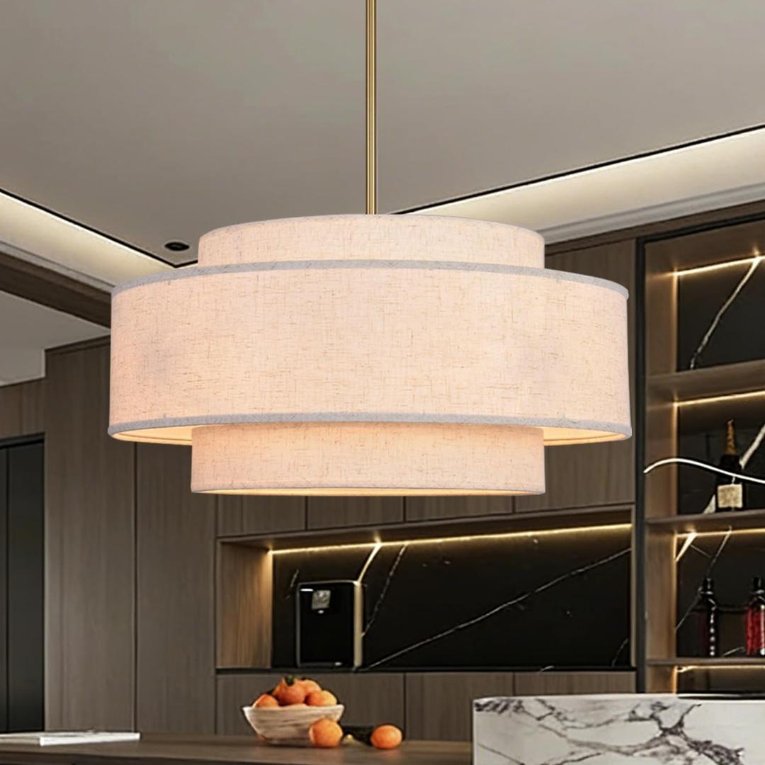 Large Drum Pendant Light 23.62in Linen Boho Chandelier 6 Light 3-Tier Rustic Dining Room Light Fixture Ceiling Hanging Kitchen Island Lighting, 23.6in,6L