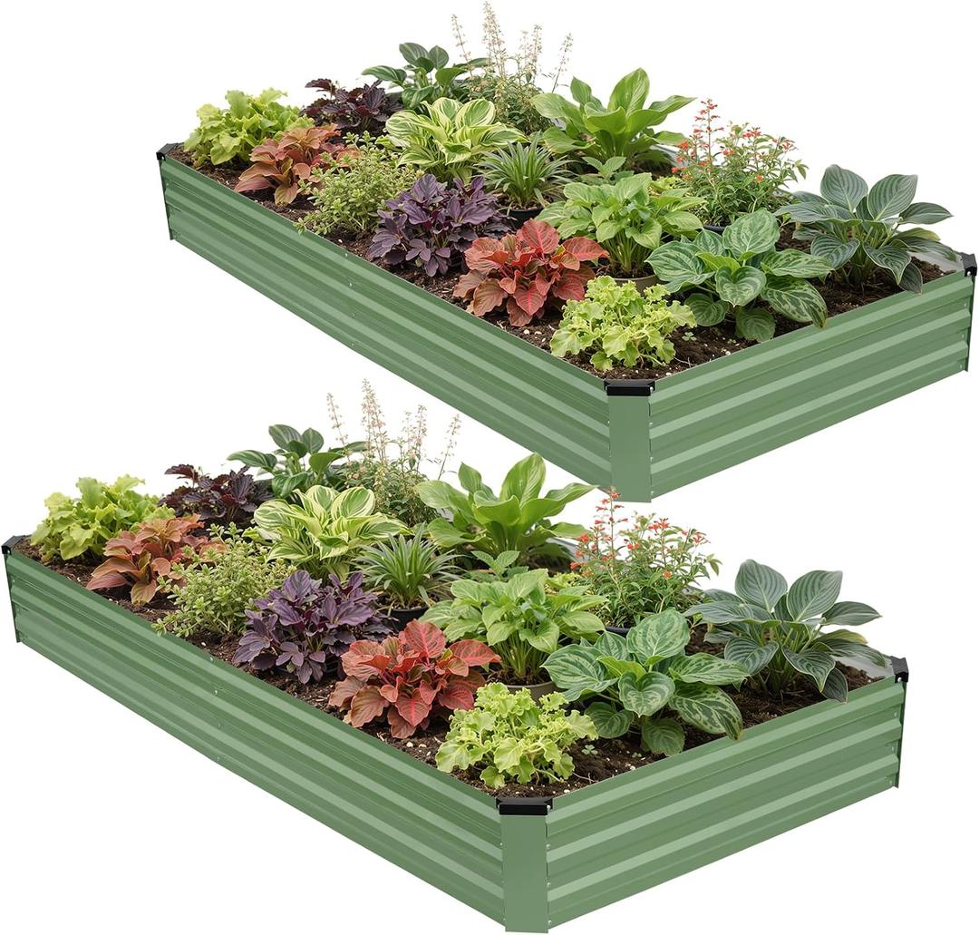 G GOOD GAIN 2Pcs Galvanized Raised Garden Bed 8x4x1ft for Herbs, OliveGreen | Metal Planter Box Outdoor, Rectangular Raised Bed, 12inch Tall, with Gloves, Tools, for Vegetables, Fruits, Flowers