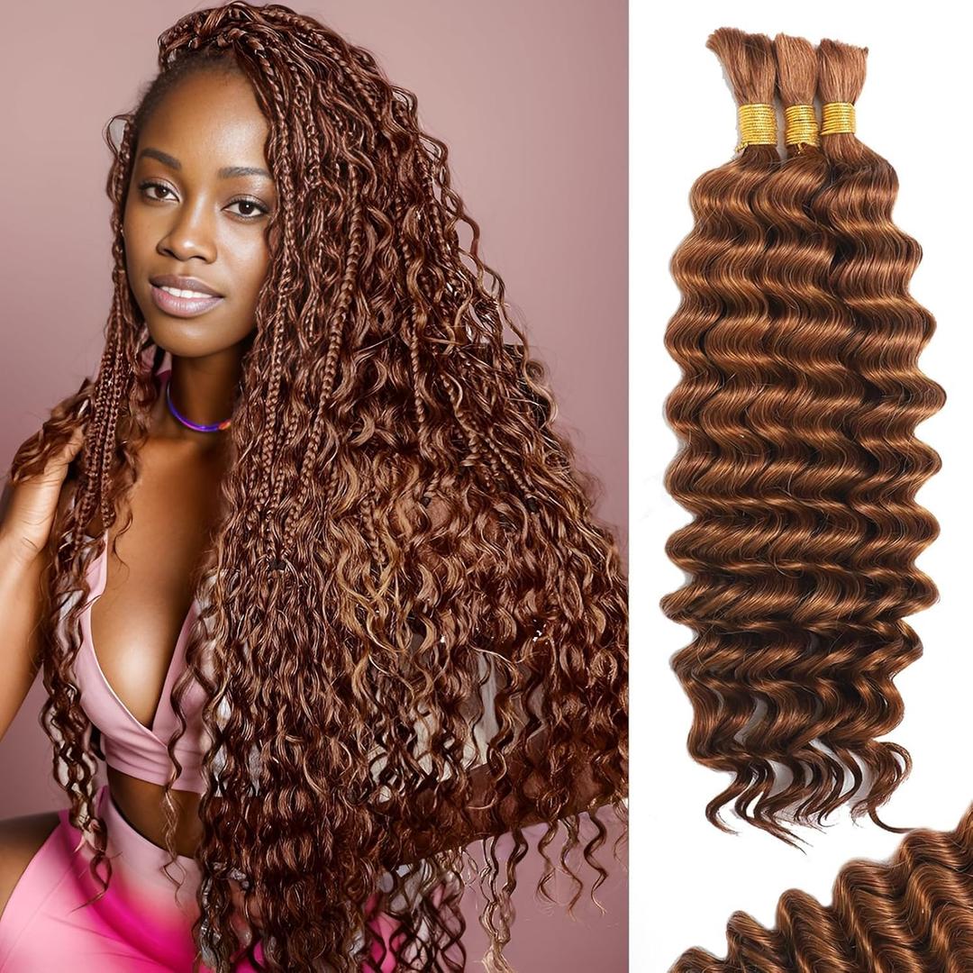 Human Braiding Hair for Boho Braids Human Hair 110g 18 Inch Curly Boho Hair for Braiding Knotless 12A Deep Wave Bohemian 3 Bundles/Pack Auburn Ginger