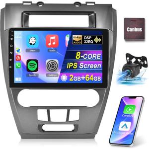 [8-Core 2+64G] Car Radio for Ford Fusion Mustang Mondeo 2009-2012 - 10.1 Inch IPS Touchscreen Android 13 Radio - Wireless Carplay and Android Auto/WiFi/DSP 32EQ/59 UI + AHD Backup Camera + Canbus