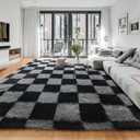 KICMOR 6x9 Area Rugs for Living Room, Large Fluffy Soft Black and Grey Checkered Big Fuzzy Shag Shaggy Bedroom Carpet, Indoor Plush Rug for Kids Boys Girls Room Dorm Nursery Home Decor Aesthetic