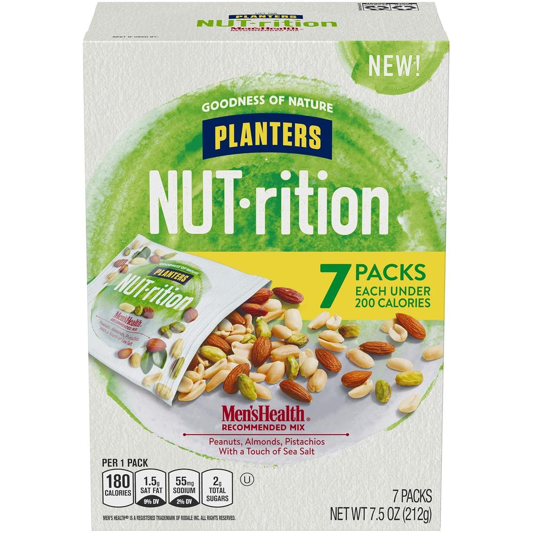 Planters NUT-RITION MEN'S HEALTH Recommended Nut Mix with Peanuts, Almonds, Pistachios Sea Salt, 7 ct of 1.25 oz Packs, Best By 08 17 2025 