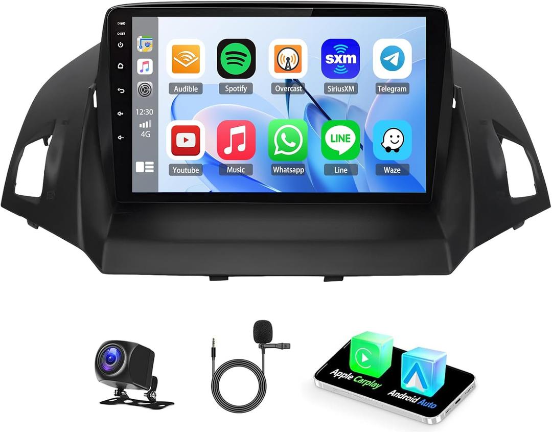 4G+64G Car Stereo Radio for Ford Escape 2013-2016 9inch Touchscreen Car Audio Receiver with Wireless Carplay Android Auto Support WiFi GPS Navigation Bluetooth FM SWC 32EQ AHD Backup Camera Mic