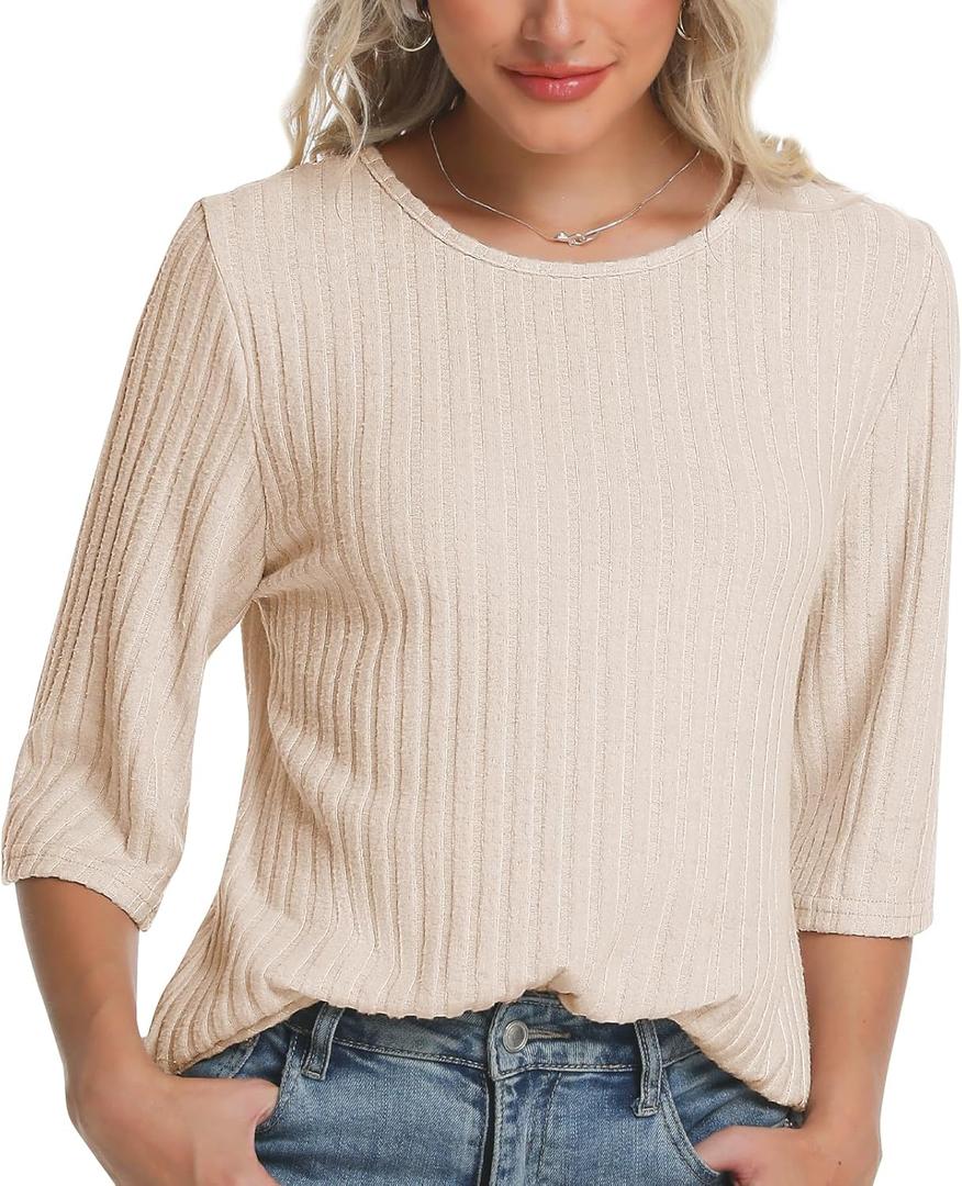 Women Fall Outfits Sweaters Tunic Tops Loose Fit Dressy 3/4 Sleeve Crew Neck Business Casual Blouses Shirts 2026 (Medium, Off-white)