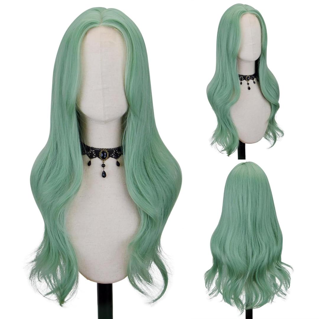 FREE BEAUTY Long Mint Green Wavy Wig for Women 26 Inch Middle Part Curly Wavy Wig Natural Looking Synthetic Heat Resistant Fiber Wig for Daily Party Use