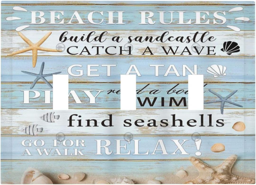 Decorative Switch Plate Covers Beach Rules Starfish Rustic Blue Grey Wood Board 3 Gang Wall Plate Light Switch Cover Plate Triple Toggle Jumbo Electrical Faceplate for Cabin Farmhouse Decor