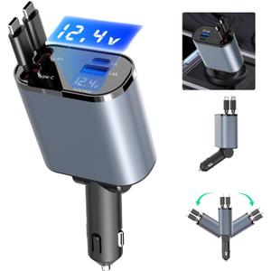 Paiholy 4 in 1 Retractable Car Charger,100W Fast USB Car Phone Charger, Dual Type-C Retractable Cables and 2 USB Ports Compatible with iPhone16/15/14 Pro Max, Galaxy S24/S23, Google Pixel (Square Double Type-C Retractable Cables)