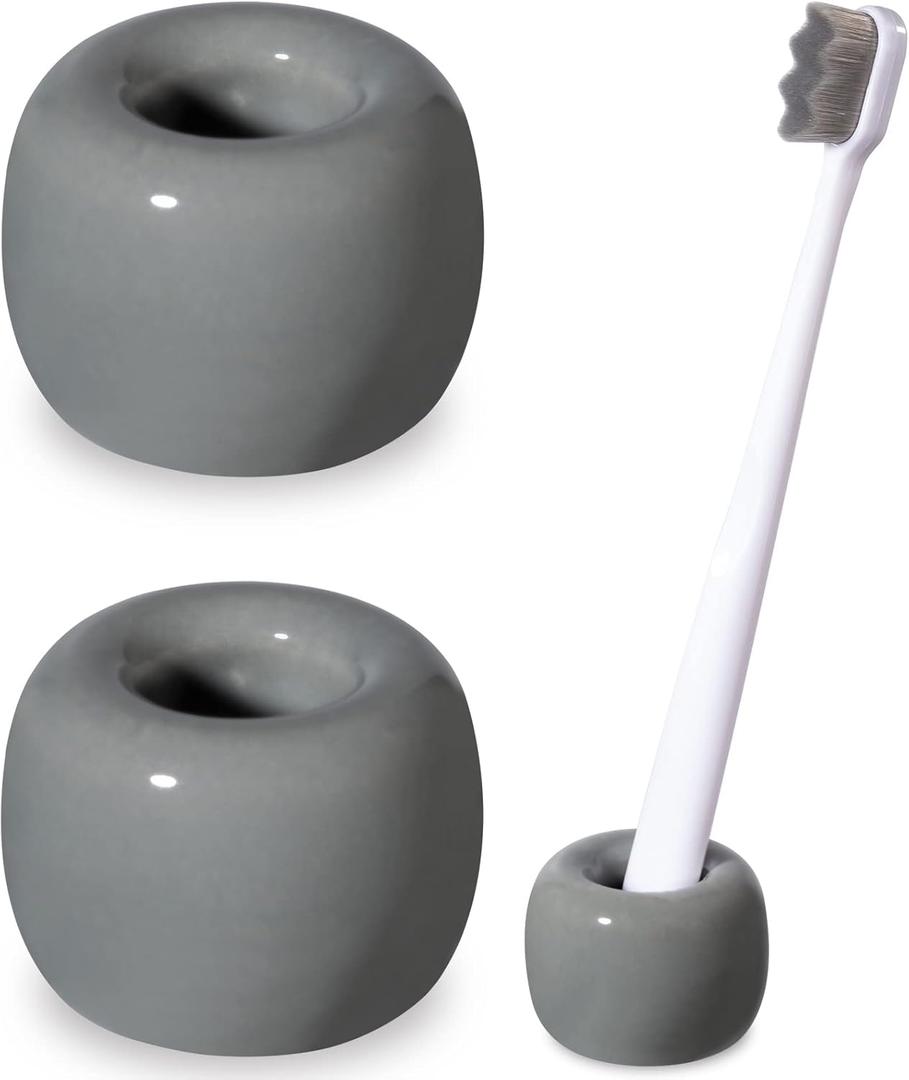 Urbanstrive Sleek Mini Ceramics Toothbrush Holder Stand for Bathroom Vanity Countertops (Gray 2-Pack)