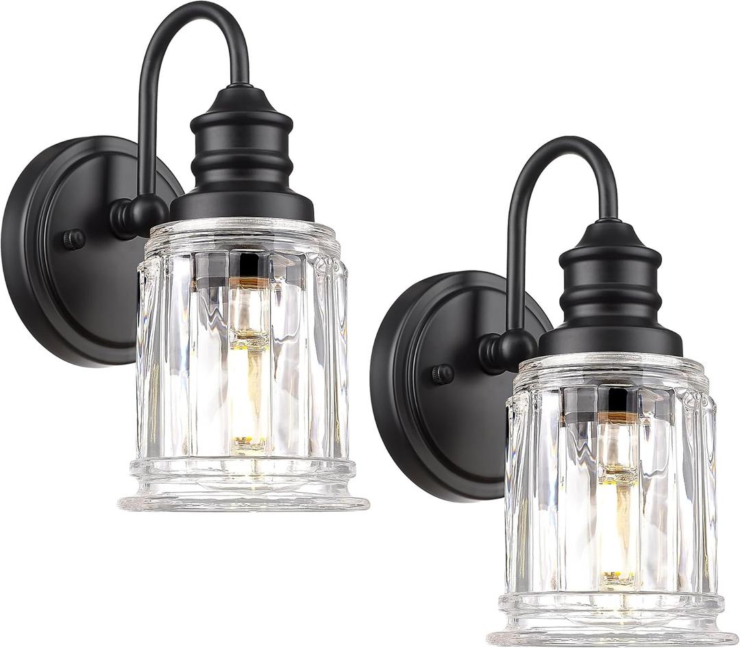 HWH Wall Sconces Set of 2, 1-Light Matte Black Bathroom Light Fixtures, Modern Single Vanity Light Wall Lamp with Bell-Shaped Clear Glass, 5HZG106B-2 BK