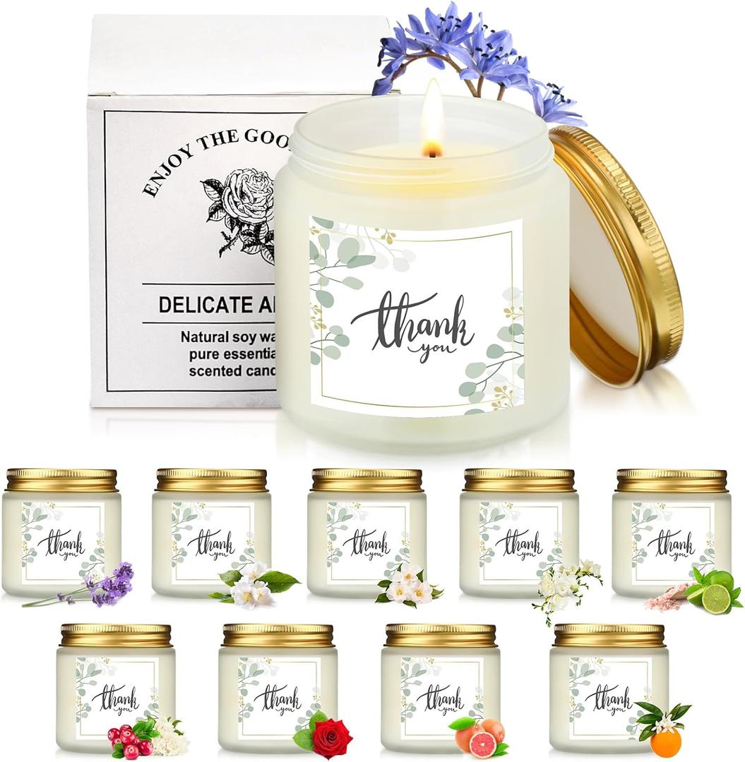 Coume 10 Pcs Thank You Candle Gifts Employee Appreciation Gift Bulk 3.5 oz Soy Wax Scented Jar Candles for Friend Boss Employee Staff Volunteer Teacher Secretaries, 10 Fragrance(Fresh Scent)