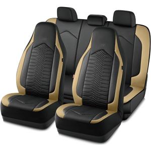 Skechers Memory Foam Car Seat Covers, Leather High Back Seat Covers Quilting Design,Waterproof Sports Car Seat Covers Full Sets,Airbag Compatible, Universal Fit for Most Cars, SUVs,Trucks,Beige