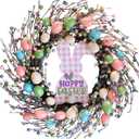 18 inch Easter Eggs Wreath for Front Door, Wall, Window, Fireplace, Artificial Easter Hanging Wreath with Plastic Foam Eggs, Grapevine, Plastic Berries, Multicolored
